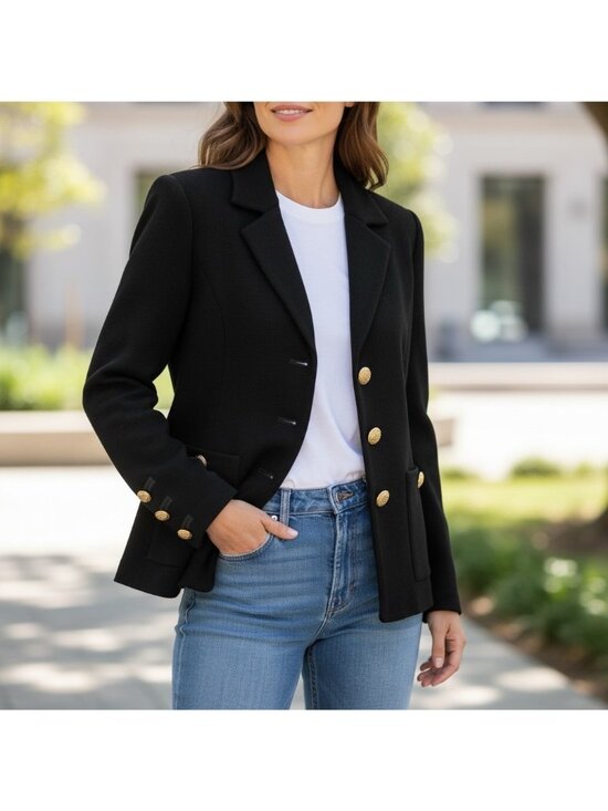 St John Jackets & Blazers - Vintage St John Knit Blazer Size 2 Black Gold Crested Buttons Old Money Nautical